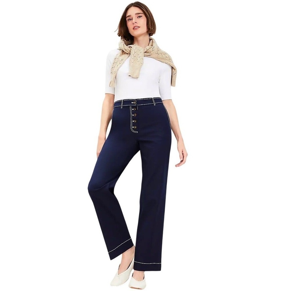 LOFT‎ Button Front Straight Pants in Twill size 10 High Rise Navy Blue Nautical